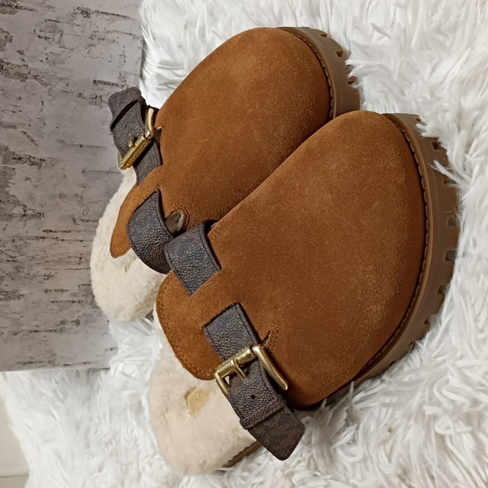 New Michael Kors Judd Brown Suede Mules Shearling Lined Lug Soles Size 7 - Picture 2 of 15